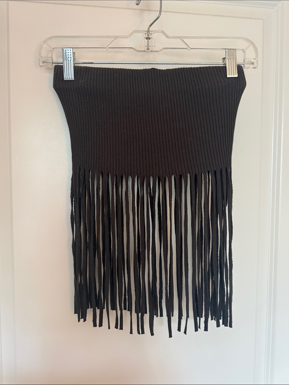 Zara Brown Ribbed Fringe Crop Top